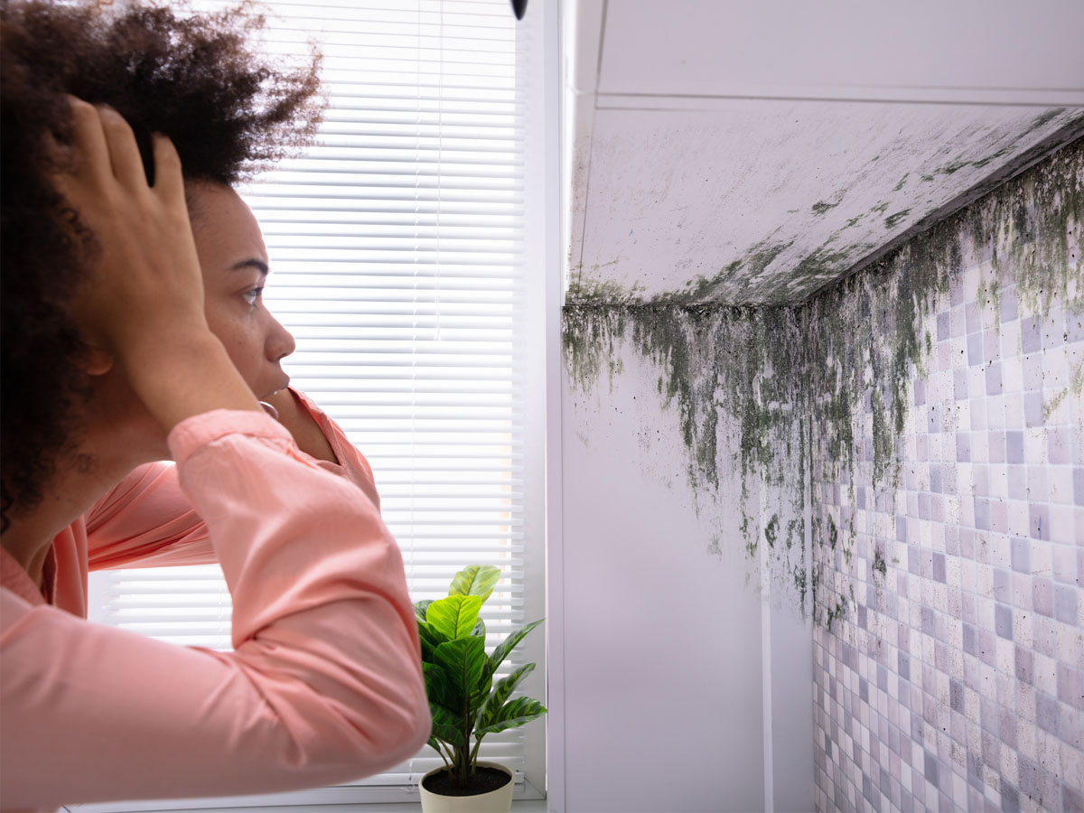 Woman grabbing head in shock staring at mold on the wall in a kitchen