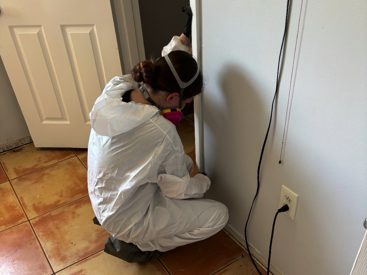 Mold remediation specialist pointing at mold at a home in Crestview, FL